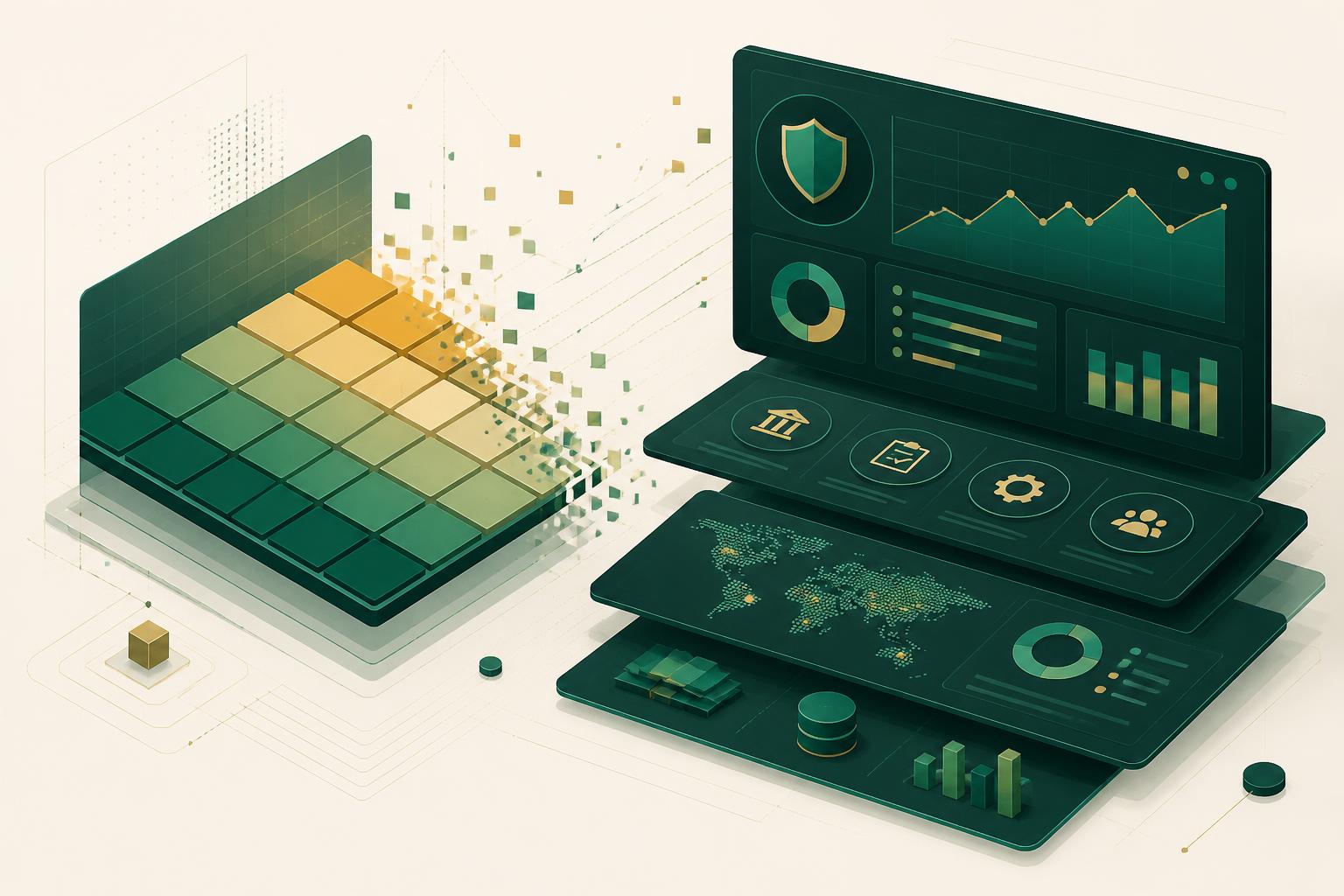 Illustration of a risk matrix resolving into a governance and compliance dashboard