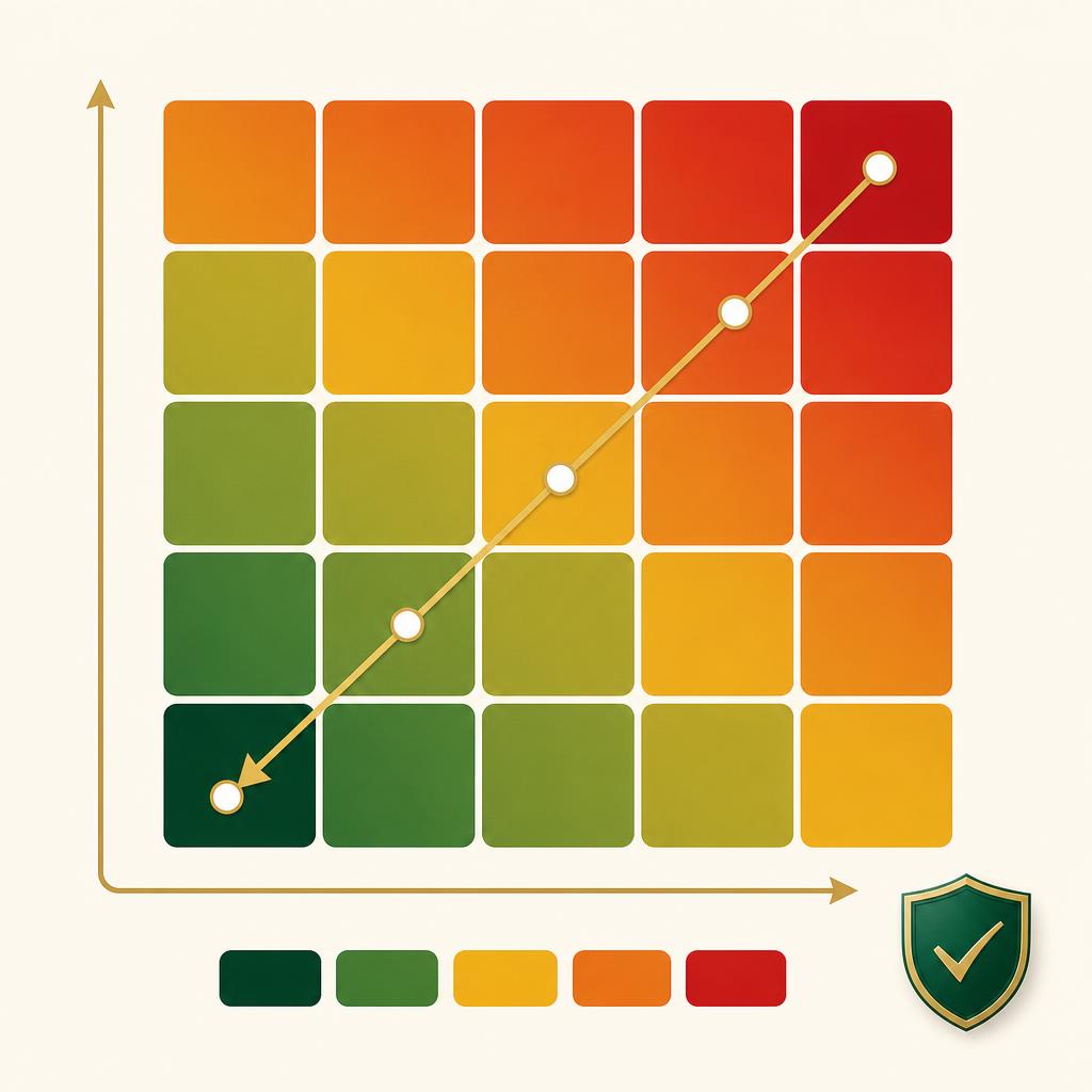 Illustration of a five-by-five risk heatmap with plotted risks trending from high to low